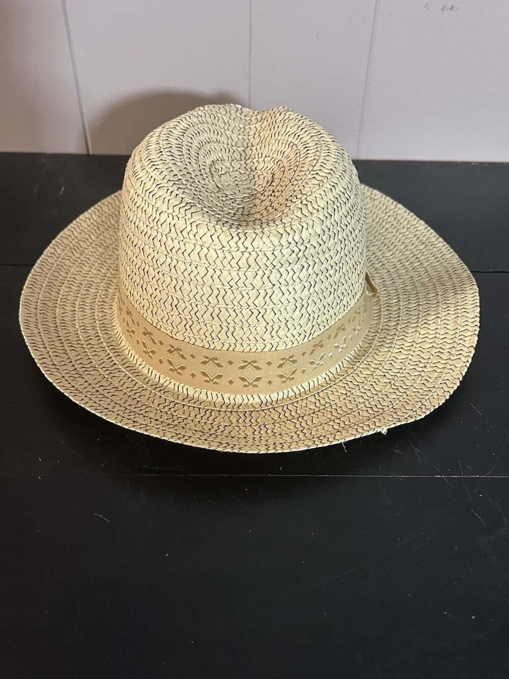 Unbranded Woven Straw Fedora Hat Tan Western Summer Wide Brim Decorative Band